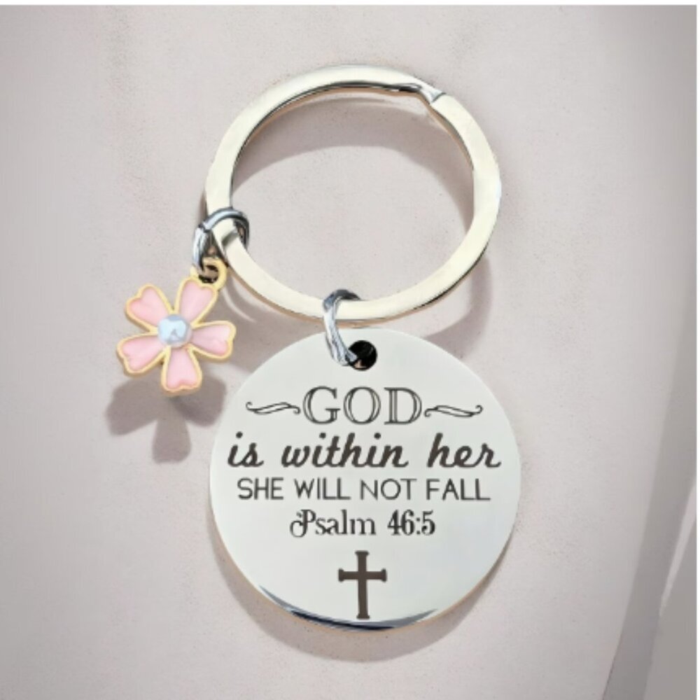 Psalm 46:5 Stainless Steel Keychain with Pink Flower Charm GOD is Within Her NWT